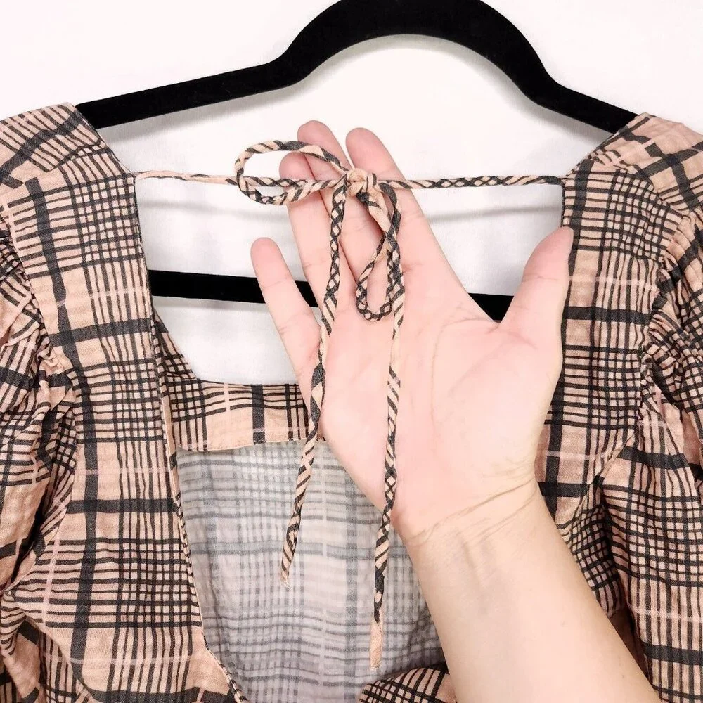 Topshop Babydoll Mini Dress Balloon Long Sleeve Size 4 Boho Gingham Brown - Picture 8 of 15